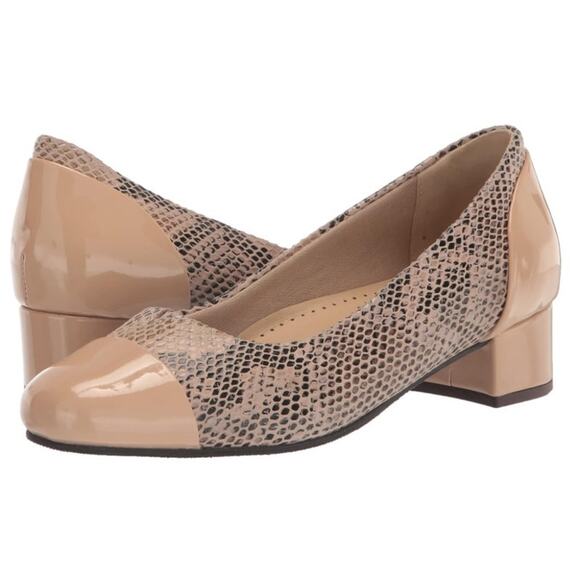 NWOT Trotters Taupe Brown Black Pump Low Kitten Heel Snakeskin Size 9 Casual - Picture 1 of 9